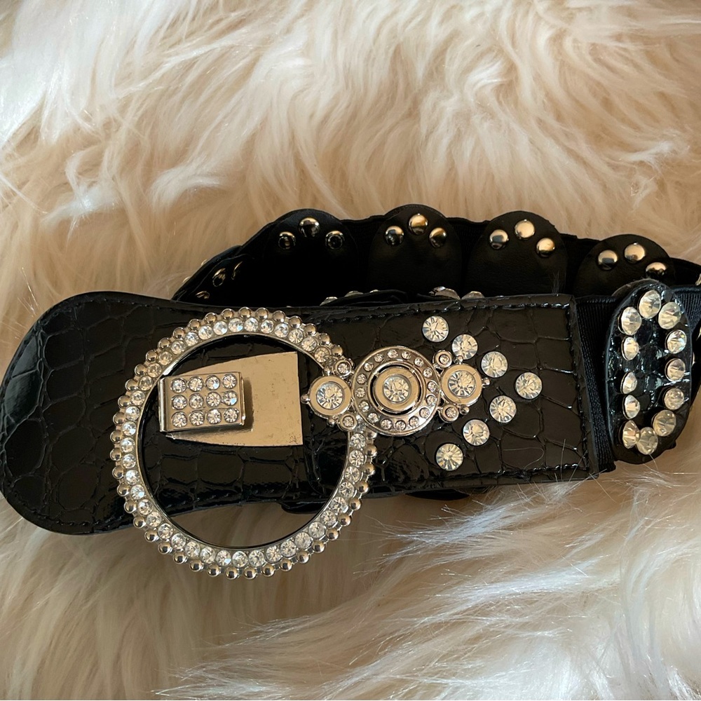 Black Faux Crystal Stretchy Belt
